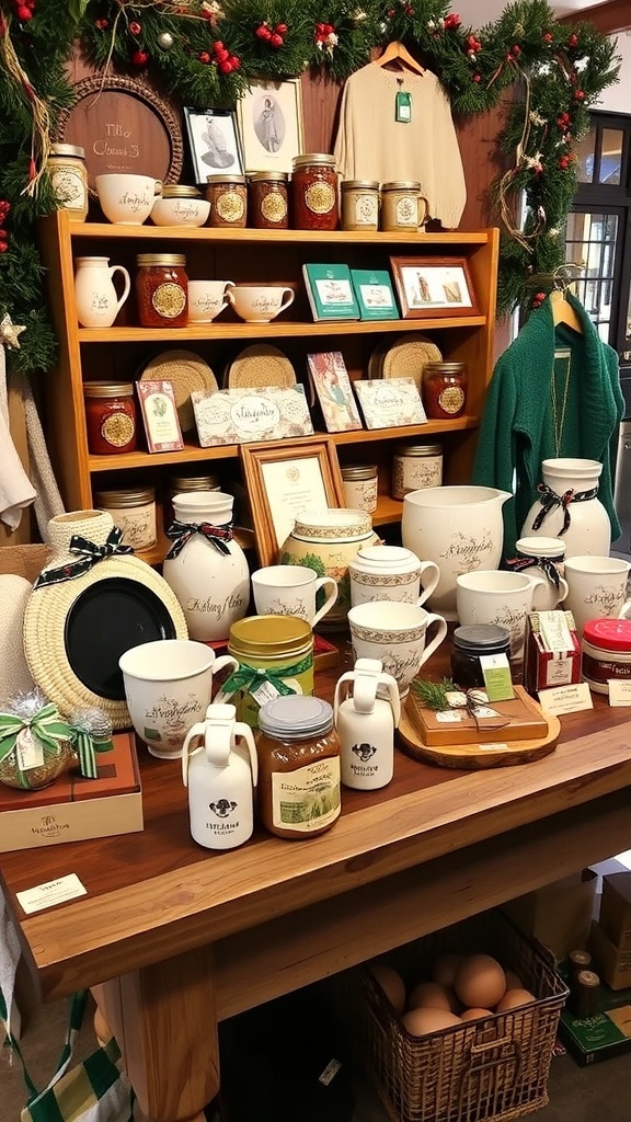 A collection of unique Irish gifts including pottery, knitwear, and gourmet foods on a rustic table.